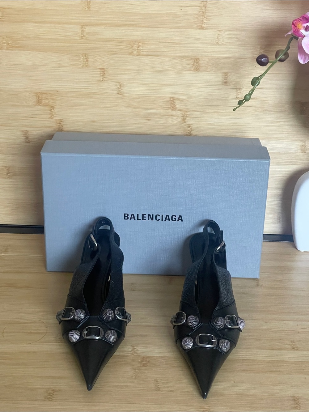 Balenciaga Black Pointed Slingback Heels with Silver Buckle Accents - Picture 3 of 13